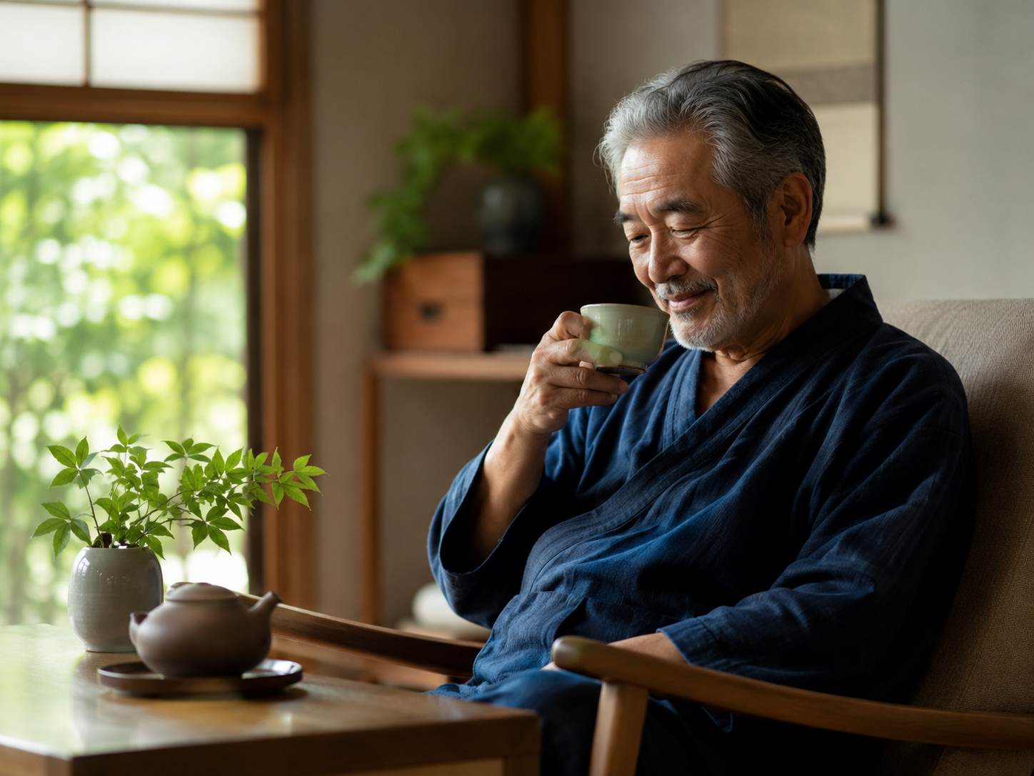 自宅でお茶を楽しむ男性